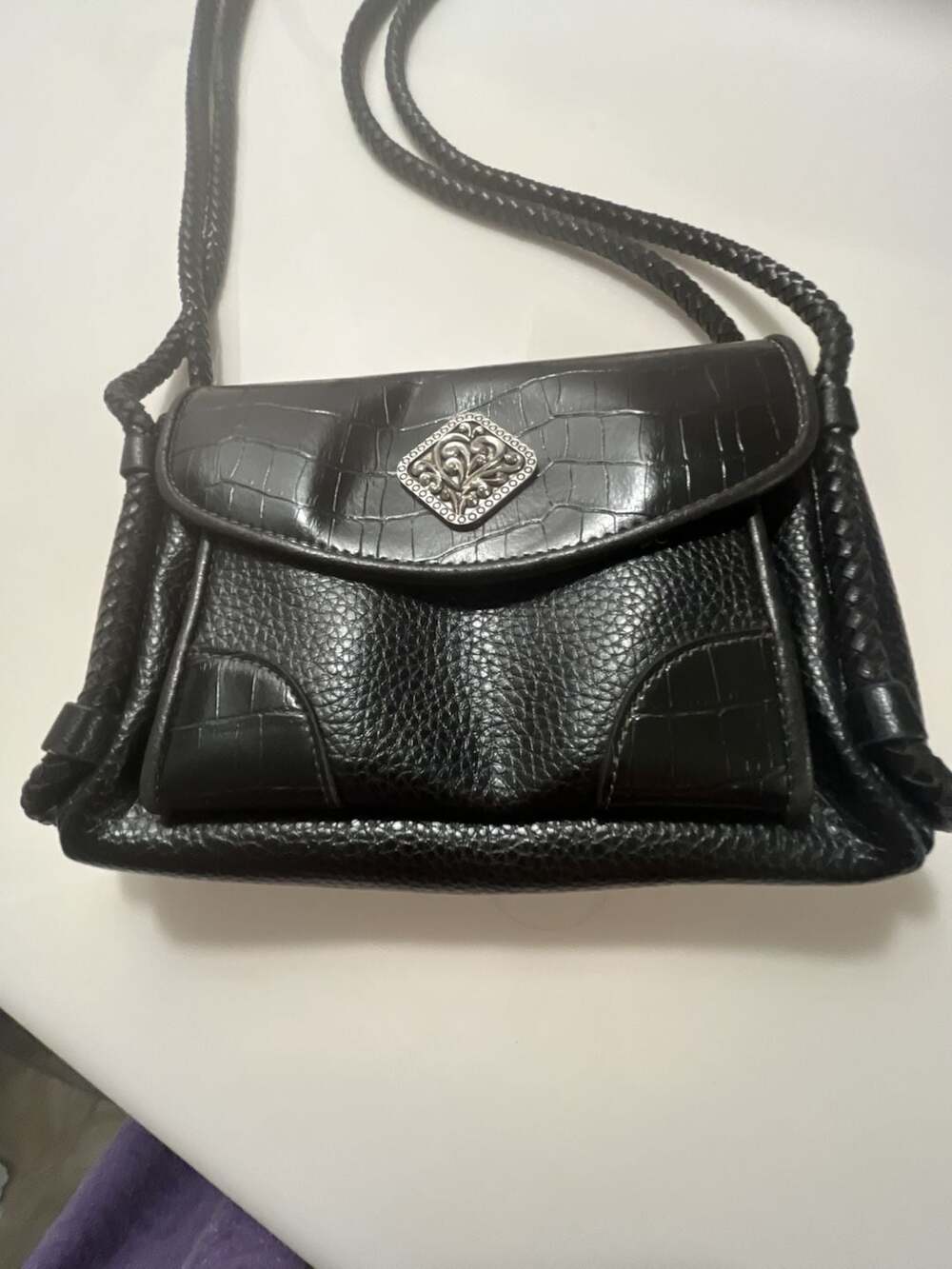 Vintage Brighton Black Leather Croc Embossed Shoulder Bag Purse